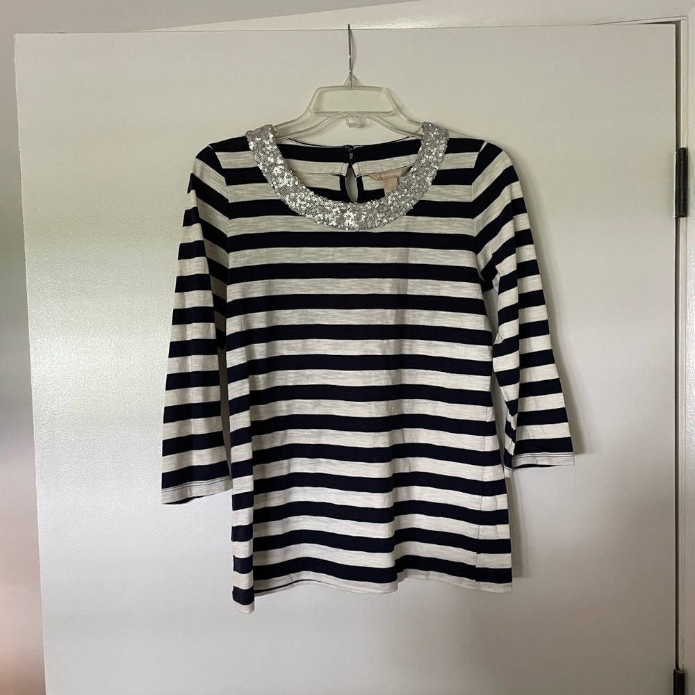 Banana Republic Navy/White too w/sequined neckline.  Size S.